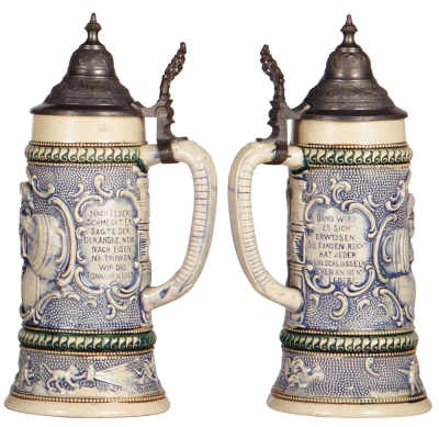 Two pottery steins, .5L, relief, by Diesinger, 38, pewter lid, mint; with, .5L, relief, 592, pewter lid, minor pewter tear, otherwise mint. - 3