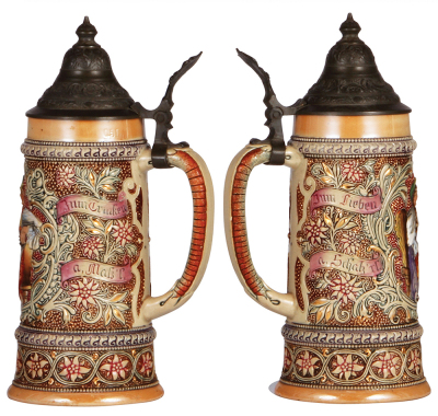 Two pottery steins, .5L, relief, by Diesinger, 215, pewter lid, pewter tear; with, 1.0L, relief, 192, pewter lid, pewter dented & tear, body mint. - 2