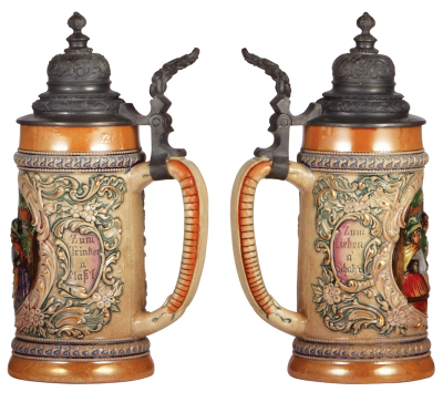 Two pottery steins, .5L, relief, by Diesinger, 51, pewter lid, browning on body; with, 1.0L, relief, 19, pewter lid, pewter bent & tear, body mint. - 2