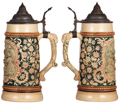 Two pottery steins, .5L, relief, by Diesinger, 51, pewter lid, browning on body; with, 1.0L, relief, 19, pewter lid, pewter bent & tear, body mint. - 3