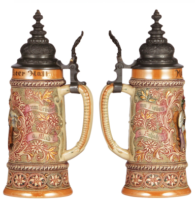 Two pottery steins, .5L, relief, by Diesinger, 215, Munich Beer Hall, pewter lid; with, 1.0L, threading, no number, pewter lid, both mint. - 2