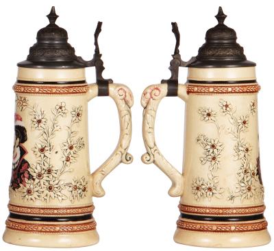 Two pottery steins, .5L, relief, by Diesinger, 215, Munich Beer Hall, pewter lid; with, 1.0L, threading, no number, pewter lid, both mint. - 3