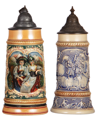 Two pottery steins, by Diesinger, 1.0L, relief, 192, pewter lid, pewter dent & tear; with, .5L, relief, 592, pewter lid, mint.