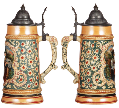 Two pottery steins, by Diesinger, 1.0L, relief, 192, pewter lid, pewter dent & tear; with, .5L, relief, 592, pewter lid, mint. - 2