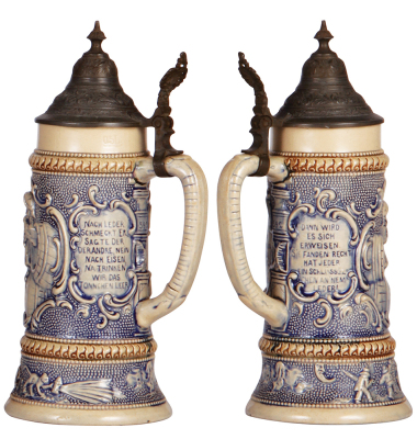 Two pottery steins, by Diesinger, 1.0L, relief, 192, pewter lid, pewter dent & tear; with, .5L, relief, 592, pewter lid, mint. - 3