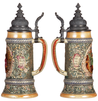 Two pottery steins, .5L, relief, by Diesinger, 39, pewter lid, pewter dented & tear; with, 1.0L, relief, 192, pewter lid, pewter strap repaired, body mint. - 2