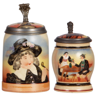 Two pottery steins, .5L, threading, by Diesinger, no number, inlaid lid, mint; with, .25L, threading, inlaid lid, small chip on underside of inlay.