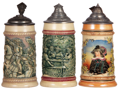 Three pottery steins, .5L, relief, by Diesinger, 73, pewter lid, pewter strap repair; with, .5L, relief, 51, pewter lid, mint; with, .5L, threading, pewter lid, minor dents.