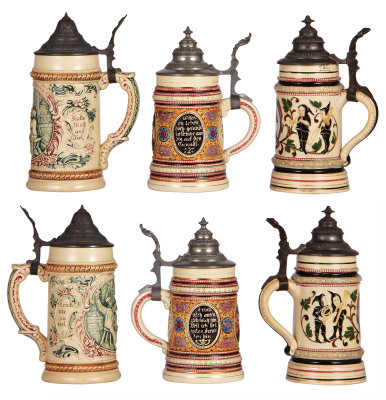 Three pottery steins, .5L, relief, by Diesinger, 54, pewter lid, mint; with, .5L, relief, 32, pewter lid, mint; with, .5L, threading. 1195, pewter lid, mint. - 2