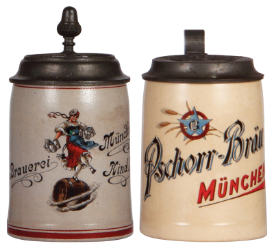 Two steins, .5L, transfer & hand-painted, stoneware, marked M. & W. Gr., Brauerei Münchner Kindl, relief pewter lid; with pottery, .5L Pschorr-Bräu, München, relief pewter lid, mint.