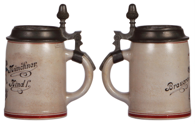 Two steins, .5L, transfer & hand-painted, stoneware, marked M. & W. Gr., Brauerei Münchner Kindl, relief pewter lid; with pottery, .5L Pschorr-Bräu, München, relief pewter lid, mint. - 2