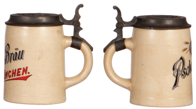 Two steins, .5L, transfer & hand-painted, stoneware, marked M. & W. Gr., Brauerei Münchner Kindl, relief pewter lid; with pottery, .5L Pschorr-Bräu, München, relief pewter lid, mint. - 4