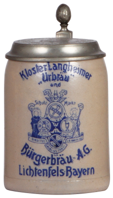 Stoneware stein, .5L, transfer, Kloster Langheimer Urbräu und Bürgerbräu, Lichtenfels Bayern, matching impressed pewter lid, mint.