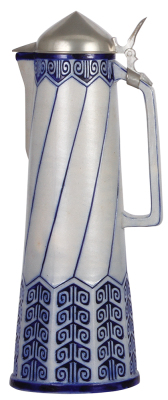 Stoneware stein, 16.6'' ht., relief, marked 1457, made by S.P. Gerz, designed by Paul Wynand, blue saltglaze, Art Nouveau, pewter lid, mint.