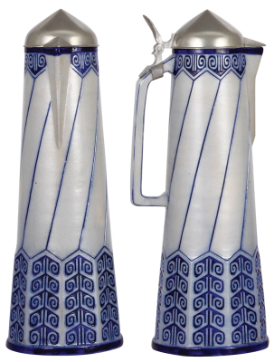 Stoneware stein, 16.6'' ht., relief, marked 1457, made by S.P. Gerz, designed by Paul Wynand, blue saltglaze, Art Nouveau, pewter lid, mint. - 2