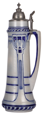 Stoneware stein, 19.2'' ht., relief, marked 1328B, made by S.P. Gerz, designed by Karl Görig, blue saltglaze, Art Nouveau, pewter lid, mint.