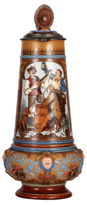 Mettlach stein, 6.2L, 21.2" ht., 1818, etched, by Görig, figural inlaid lid is new replacement, hairline on underside of base.