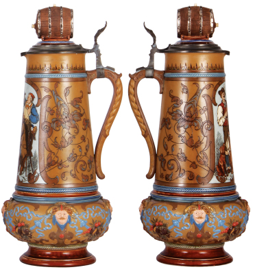 Mettlach stein, 6.2L, 21.2" ht., 1818, etched, by Görig, figural inlaid lid is new replacement, hairline on underside of base. - 2