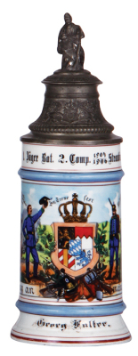 Regimental stein, .5L, 10.6'' ht., porcelain, 2. Comp., Bayr. Jäger Bat. Nr. 1, Straubing, 1904 - 1906, two side scenes, lion thumblift, named to: Georg Falter, pewter strap repaired, scratches, small base chip.