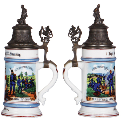 Regimental stein, .5L, 10.6'' ht., porcelain, 2. Comp., Bayr. Jäger Bat. Nr. 1, Straubing, 1904 - 1906, two side scenes, lion thumblift, named to: Georg Falter, pewter strap repaired, scratches, small base chip. - 2