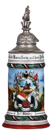 Regimental stein, .5L, 11.2'' ht., porcelain, Combiniertes Jäger Detachement zu Pferde, Langensalza, not dated, two side scenes, roster, eagle thumblift, named to: Res. Göring, mint.