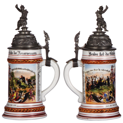 Regimental stein, .5L, 11.4'' ht., porcelain, Bekl. Amt. des XI. Armee-Corps, Cassel, 1900 - 1902, two side scenes, roster, eagle thumblift, named to: Res. König, excellent repair to pewter tears at rear of lid & strap, body mint. - 2