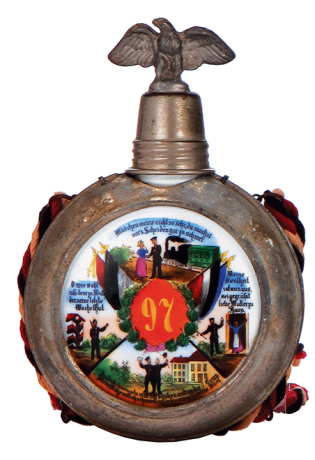 Regimental flask, .25L, porcelain, 9. Comp., Inft. Regt. Nr. 97, Saarburg, 1901 - 1903, named to: Res. Meurer II, finial reattached, porcelain mint.