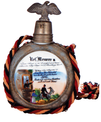 Regimental flask, .25L, porcelain, 9. Comp., Inft. Regt. Nr. 97, Saarburg, 1901 - 1903, named to: Res. Meurer II, finial reattached, porcelain mint. - 2