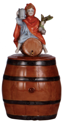 Character stein, .5L, porcelain, marked Musterschutz, by Schierholz, Munich Child on Barrel, modern version, c.1980, made from original mold, set-on lid, mint.