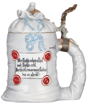 Character stein, .5L, porcelain, marked E. Bohne & Söhne, Money Bag, chip on coin [lid] repaired.