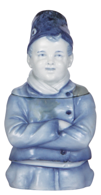 Character stein, .5L, porcelain, marked Musterschutz, by Schierholz, Dutch Boy, rare blue color, chips repaired, color change from age. 