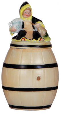 Character stein, .5L, porcelain, Munich Child on Barrel, figural lid, 1'' hairline in rear.