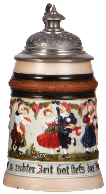 Porcelain stein, .5L, relief & enameled, by Hauber & Reuther, pewter lid, working music box, mint.