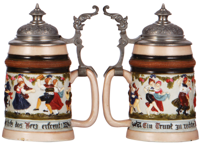 Porcelain stein, .5L, relief & enameled, by Hauber & Reuther, pewter lid, working music box, mint. - 2