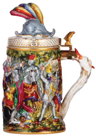 Porcelain stein, 1.0L, 9.7'' ht., hand-painted relief, Capo-di-Monte, marked N with crown, porcelain lid, mint.