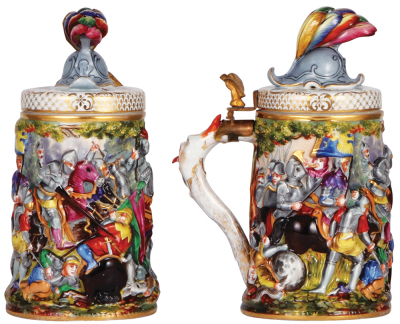 Porcelain stein, 1.0L, 9.7'' ht., hand-painted relief, Capo-di-Monte, marked N with crown, porcelain lid, mint. - 2