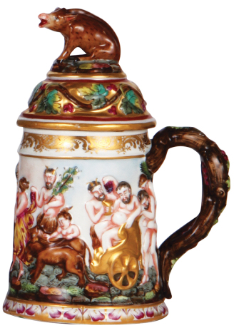 Porcelain stein, .5L, 8.4'' ht., hand-painted relief, Capo-di-Monte, marked N with crown, set-on lid, very good repair to one ear on finial.
