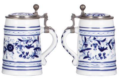 Two porcelain steins, .5L, hand-painted, first has gilding, pewter lid, lithophane; second, inlaid lid, lithophane, mint. - 3