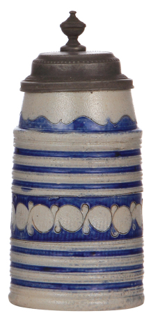 Stoneware stein, 8.0'' ht., early 1800s, Westerwälder Birnkrug, blue saltglaze, incised, pewter lid, excellent condition.