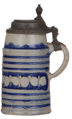 Stoneware stein, 8.0'' ht., early 1800s, Westerwälder Birnkrug, blue saltglaze, incised, pewter lid, excellent condition. - 2