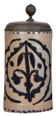 Stoneware stein, 9.9'' ht., mid 1700s, Westerwälder Walzenkrug, incised, blue salt glaze, pewter lid, chip on top rim & a few tight hairlines.