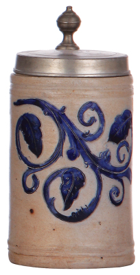 Stoneware stein, 7.0'' ht., c. 1800, Westerwälder Walzenkrug, incised, blue saltglaze, pewter lid is an old replacement, 2'' hairline at base.