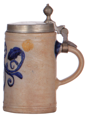 Stoneware stein, 7.0'' ht., c. 1800, Westerwälder Walzenkrug, incised, blue saltglaze, pewter lid is an old replacement, 2'' hairline at base. - 2