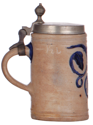 Stoneware stein, 7.0'' ht., c. 1800, Westerwälder Walzenkrug, incised, blue saltglaze, pewter lid is an old replacement, 2'' hairline at base. - 3