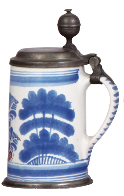 Faience stein, 8.1'' ht., mid 1700s, Bayreuther Walzenkrug, pewter lid & footring, minor pewter repair, body very good condition. - 3