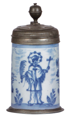 Faience stein, 7.8'' ht., mid 1700s, Nürnberger Walzenkrug, religious scene, pewter lid & footring, medallion on lid, excellent repair of two hairlines.