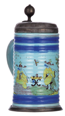 Faience stein, 11.0'' ht., c.1890, Nürnberger Walzenkrug, pewter lid & footring, very good condition.