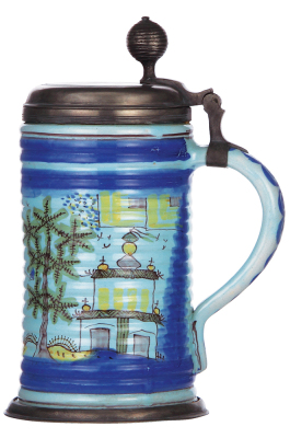 Faience stein, 11.0'' ht., c.1890, Nürnberger Walzenkrug, pewter lid & footring, very good condition. - 3