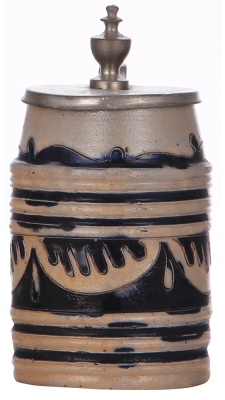 Stoneware stein, 5.6'' ht., incised, Westerwälder Walzenkrug, blue salt glaze, c.1800, pewter lid, mint.