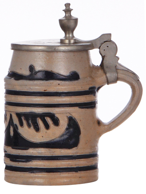 Stoneware stein, 5.6'' ht., incised, Westerwälder Walzenkrug, blue salt glaze, c.1800, pewter lid, mint. - 2